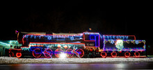 Colorful Old Train Locomotive With Christmas Lights On It. Radviliskis Is Known As Train Capital In Lithuania.
