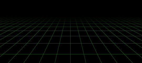 3d wireframe grid room. 3d perspective laser grid. Cyberspace black background with green mesh. Futuristic digital wall in virtual reality. Vector illustration.