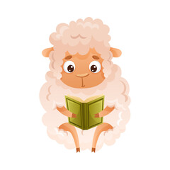 Poster - Cute sheep reading book. Smart baby animal sitting and studying with book cartoon vector illustration