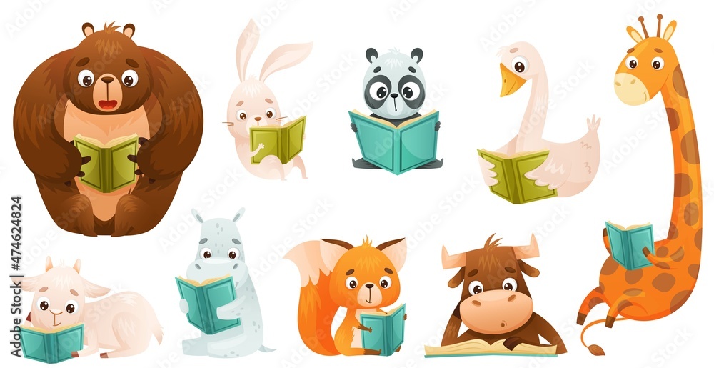 Cute baby animals reading books set. Smart hippo, calf, giraffe, pup ...