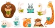 © Happypictures - Cute baby animals reading books set. Smart hippo, calf, giraffe, pup, cow, rabbit sitting and studying with book cartoon vector illustration