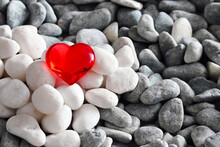 A Bright Red Heart Close-up On White And Gray Stones Of River Pebbles. Blank For A Postcard For Valentine's Day, February 14.