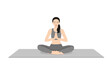 Easy Pose Prayer Hands, Beautiful girl practice Sukhasana Namaste Hands. Young attractive woman practicing yoga exercise. working out, black wearing sportswear, grey pants and top, indoor full length,