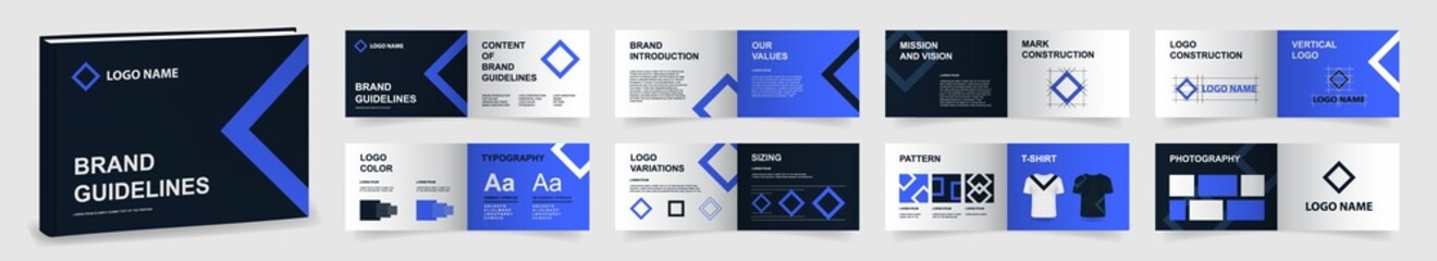 Wall Mural - Multi-purpose Brand Guidelines template. Brand Manual presentation mockup. Dark blue Logo Guideline template. Logo Guide Book layout