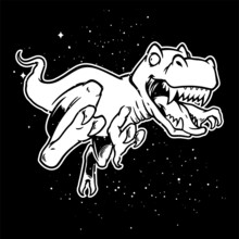 Hand Drawn Illustration Of Dinosaurs Flying On Outer Space In Black White Color.