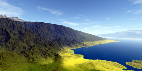 Wall Mural - alien planet. mountain and lake. 3d rendering