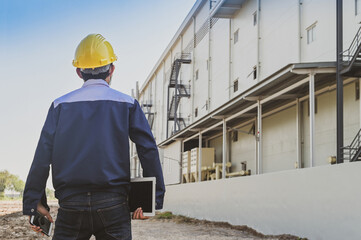 Wall Mural - Engineer standing factory plant background , Technician workplace manufacturing maintenance facility