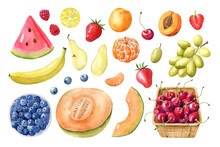 Fruits And Berries Watercolor Hand Drawn Set Isolated On White Background. Hand Drawn Food Clipart.