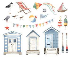 Colored set with beach huts, seagulls, sandpipers and decoration design elements, watercolor collection isolated on white background for your marine design, poster for travel, summer banner or card.