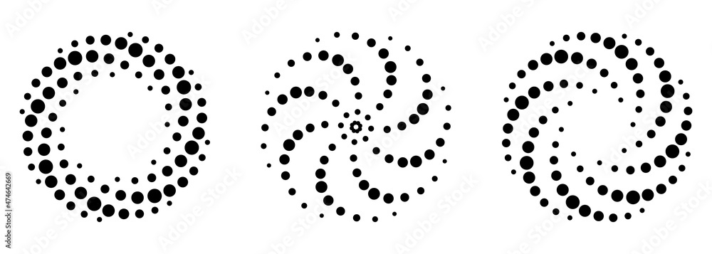 Spiral Halftone Pattern Set. Black Dots in Circle on White Background ...