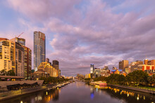 Australia, Melbourne, Victoria, Cloudy Sky Over Yarra River Canal In Southbank At Dusk