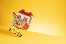 Studio Shot Of House Made Of Toy Blocks In Small Shopping Cart