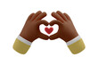 3d icon hands love gesture. Vector cartoon heart symbol clip art. Realistic illustration of black skinned arms emoji for social media