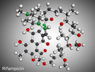 Sticker - Rifampicin, rifampin molecule. It is semisynthetic antibiotic used to treat mycobacterial infections, leprosy, tuberculosis, Mycobacterium avium complex. Molecular model. 3D rendering