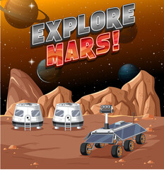 Wall Mural - Space station on planet with Explore Mars logo
