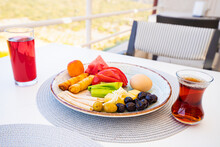 Hearty Turkish Breakfast On A Terrace Of A Restautant With Mountains View