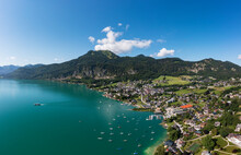 Austria, Salzburg, Saint Gilgen, Drone View Of Village On Shore Of Lake Wolfgang In Summer