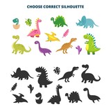 Fototapeta Dinusie - Children puzzle with dinosaur. Choose dino silhouette, t-rex or pterodactyl. Cartoon cute dinosaurs and black shapes. Isolated prehistoric vector characters