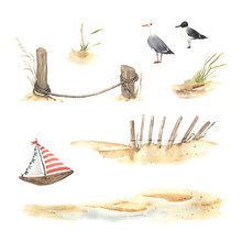 Set Of Beach Compositions With Seagulls And Boat, Watercolor Collection Decoration Elements Isolated On White Background For Your Design Summer Poster, Banner Or Card With Symbols Marine Sand Coast.