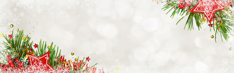 Wall Mural - Christmas header with pine tree, decorative clock and red wooden stars on white bokeh background with snowflakes