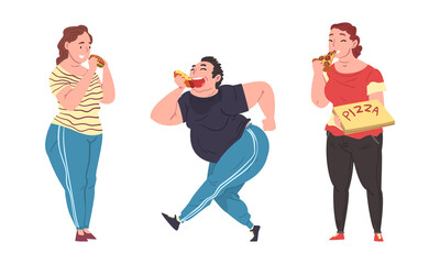 Poster - Cheerful Fat People Character Eating Pizza and Hamburger Vector Set