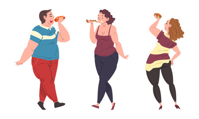 Poster - Cheerful Fat People Character Eating Pizza and Hamburger Vector Set