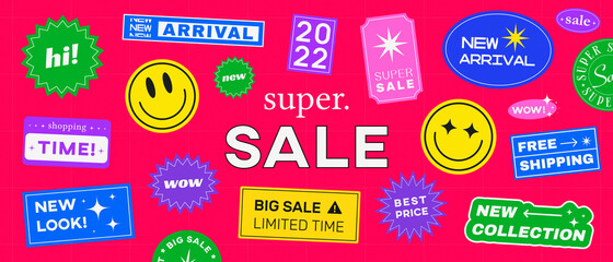 Aufkleber - Cool Trendy Sale Stickers Banner Vector Illustration. New Arrival, Wow, Super Sale, 2022 Badges. Comic Artwork.