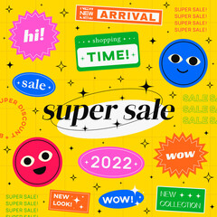 Aufkleber - Cool Trendy Sale Stickers Banner Vector Illustration. New Arrival, Wow, Super Sale, 2022 Badges.