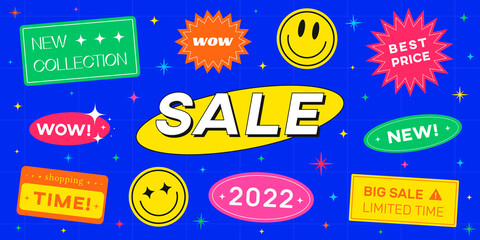 Aufkleber - Cool Trendy Sale Banner with Stickers Vector Design. Abstract Promotion Illustration. Shopping badges.