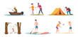 Outdoor activities. Tourism exploration hiking picnic characters in park travelling lifestyle adventure leasure exact vector people in action poses