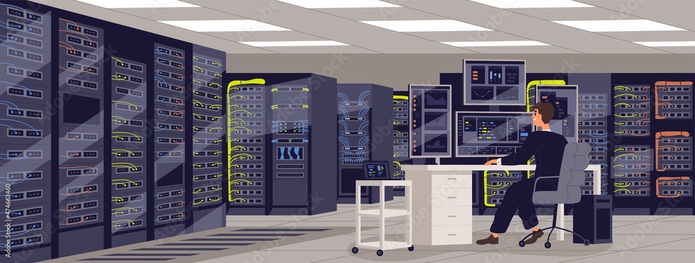 Person work at computer in data center in room with server racks for ...