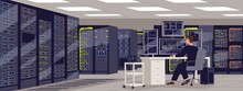 Person Work At Computer In Data Center In Room With Server Racks For Digital Information Storage. Internet Hosting System. Network Communication Technologies Maintenance. Flat Vector Illustration