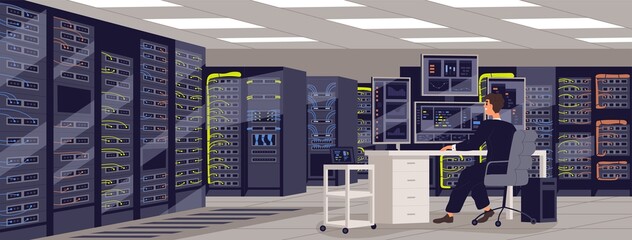person work at computer in data center in room with server racks for digital information storage. in