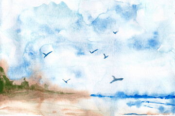 Watercolor blurred landscape with blue sky and clouds, sea and lake fo greeting card and abstract background