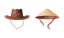 Straw Hat As Brimmed Woven Headdress With Conical Asian And Cowboy Hat Vector Set