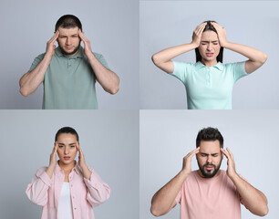 Sticker - Collage with photos of people suffering from headache on light grey background