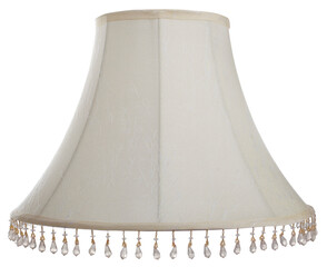 Wall Mural - classic cut corner bell shaped white tapered lampshade with a beaded fringe on a white background isolated close up shot 