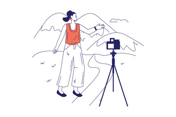 People in travel concept in flat line design for web banner. Woman tourist takes selfie on camera in mountains, resting on vacation, modern people scene. Vector illustration in outline graphic style