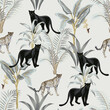 Vintage tropical floral plant, banana tree, leopard, black panther wildlife animal seamless pattern grey background. Exotic summer wallpaper.
