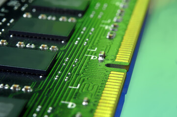 contacts of a microchip of random access memory close-up.