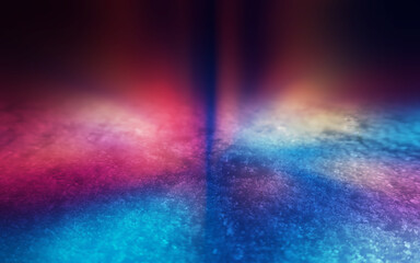 Poster - Winter abstract, blurred background with bokeh. Blurry night city lights in reflection on a snowy road. Neon light, falling snow, snowflakes. 3d illustration