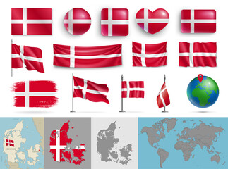 Wall Mural - denmark flags of various shapes and country map set. realistic danish waving flags, glossy buttons i