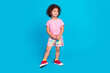 © deagreez - Full length body size view of attractive cheery minded girl thinking copy space isolated over vivid blue color background