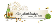 Neues Jahr Glückwunsch Banner Mit Sekt, Feuerwerk, Kleeblatt Und Schleife