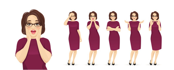 Wall Mural - Elegant mature business woman showing negative emotions with different gestures set. Frightened, sad, angry, upset, refused isolated vector ilustration.