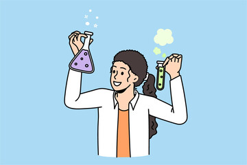 Wall Mural - science chemistry and research concept. smiling woman chemist in white uniform standing holding flas