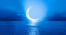 Ramadan Concept - Crescent Moon Over The Tropical Sea At Night "Elements Of This Image Furnished By NASA"