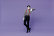© ViDi Studio - Full size body length confident young mime man with white face mask wears striped shirt beret look camera lean on something invisible isolated on plain pastel light violet background studio portrait.