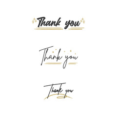 Thank you text lettering collection. Thanks message in hand drawn style typo. Handwriting letter with golden frames collection.