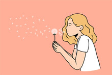 Summer Fun And Making Wish Concept. Blonde Girl In White T-shirt Standing And Blowing Fluffy Dandelion Flower During Summer Walk Vector Illustration 